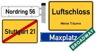 Übersicht verschiedener erstellter Ortsschilder und Straßenschilder.