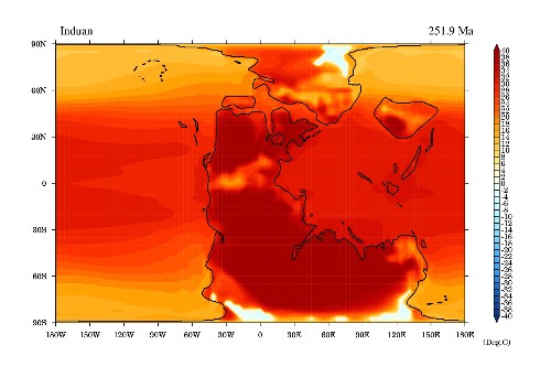 Oberflächentemperatur (°C) des wärmsten Monats während der höchsten Wärmeperiode des Perm-Trias-Massenaussterbens vor 252 Millionen Jahren. Bildnachweis: University of Bristol und China University of Geosciences (Wuhan)