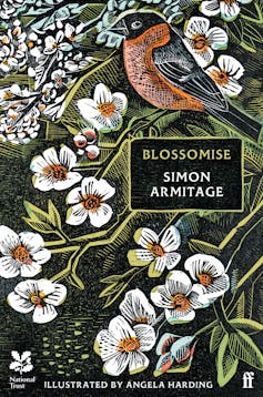 Illustrierter Bucheinband mit Blumen, Titelwort Blossomise Simon Armitage, illustriert von Angela Harding