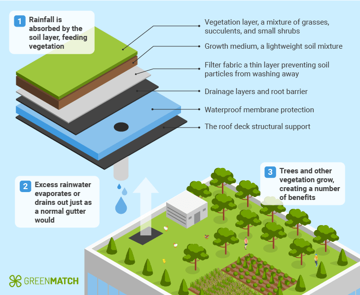 Gründächer, auch Wohndächer genannt, sind Dächer, die teilweise oder vollständig mit Vegetation und einem Wachstumssubstrat bedeckt sind, das über einer wasserdichten Membran bepflanzt ist.