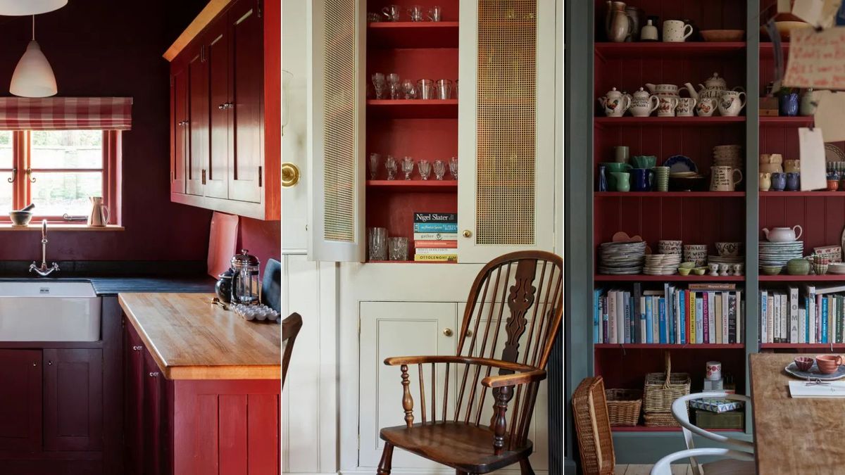 Das 60-Sekunden-Farbschema für die Küche von Farrow & Ball beweist, dass „unerwartetes Rot“ auch im Jahr 2025 Bestand haben wird – drei Lackfarben, um den Look nachzubilden