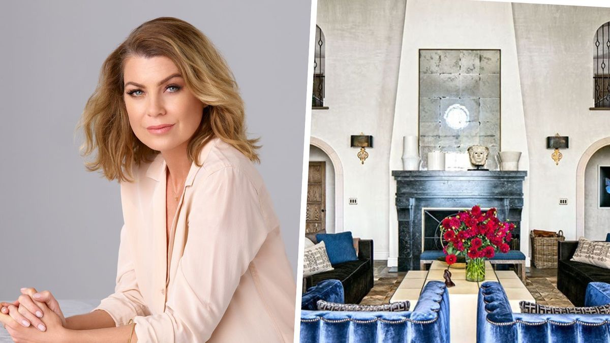 Ellen Pompeo vereint eine rustikale Basis und blaue Akzente für ein verspieltes spanisches Revival-Wohnzimmer – es ist eine Lektion in Sachen Layering mit Absicht