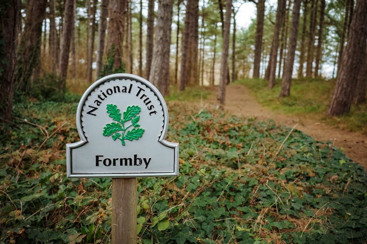 Ein National Trust-Schild in einem Waldgebiet.