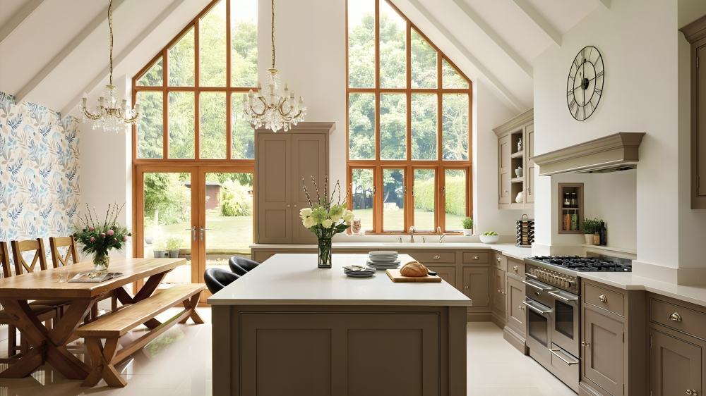 A large open-plan kitchen diner with large floor to ceiling windows, up to a pitched ceiling. Brown kitchen cabinets with an island, and a long wooden dining table to the left.