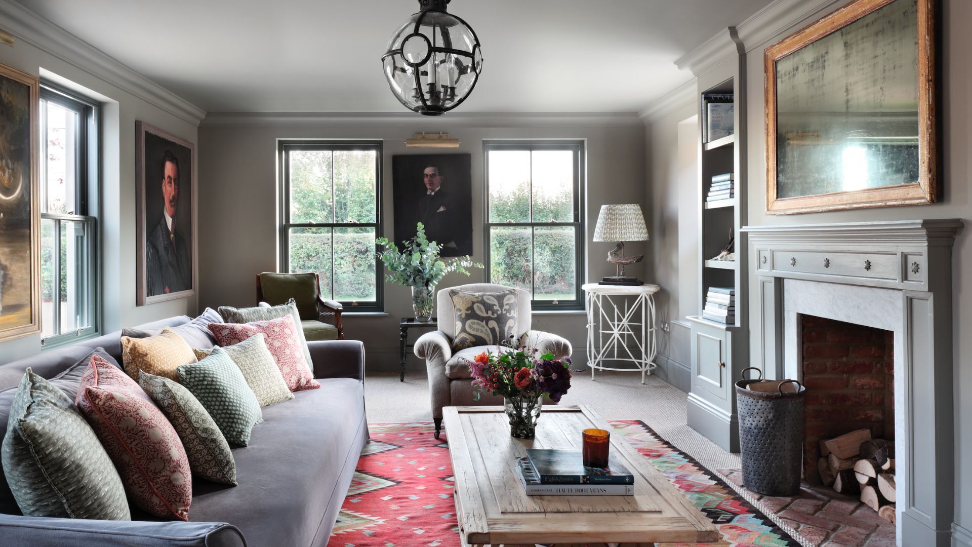 A traditional sitting room with gray walls