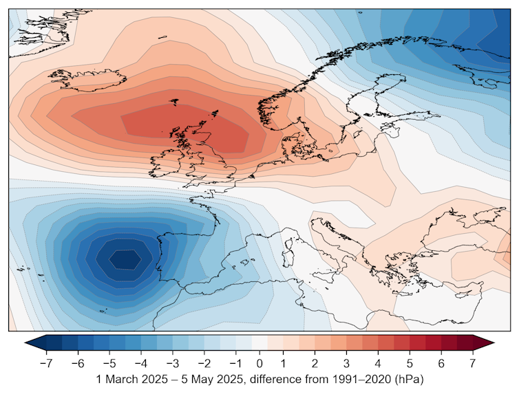 Eine Karte der Druckanomalien über Europa.