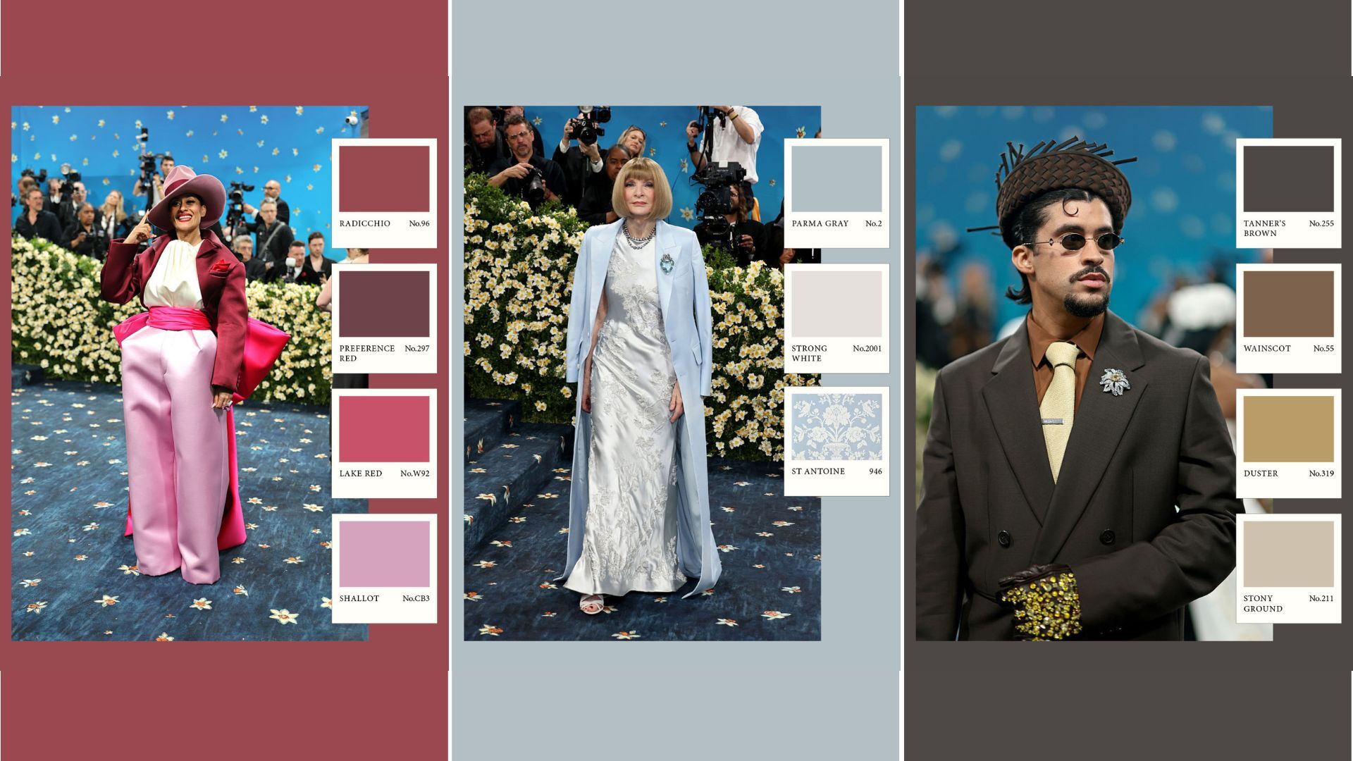 Three celebrities at the Met Gala, with Farrow &amp; Ball color swatches besides each celebrity relating to the color palette of their outfit.