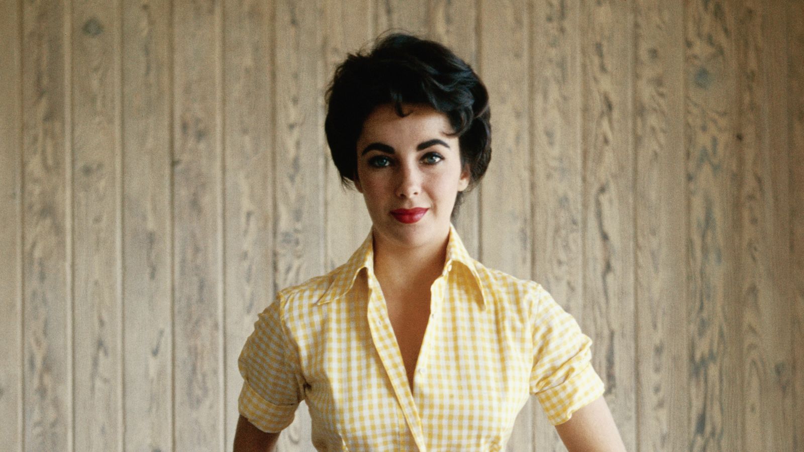 Elizabeth Taylor auf einem Holzhintergrund
