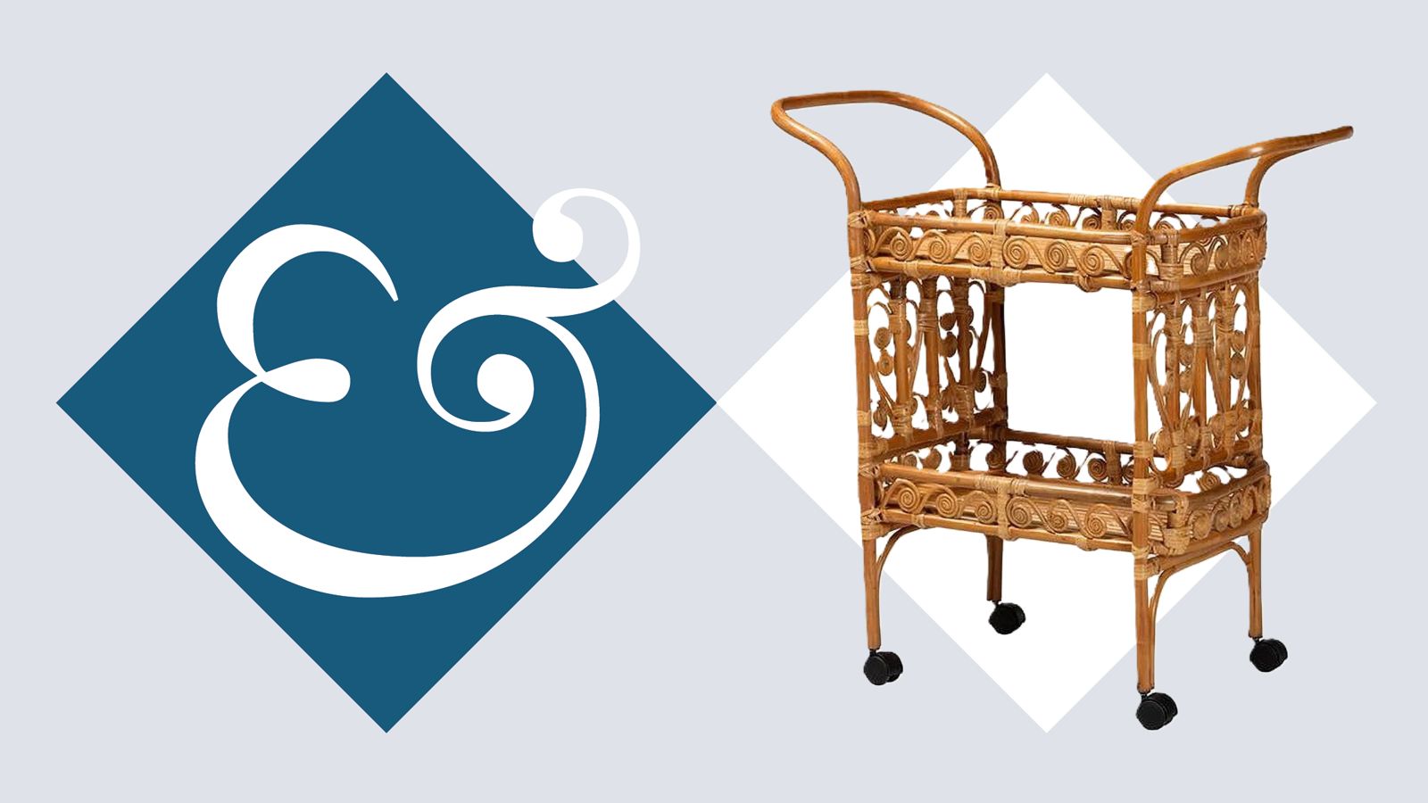 Rattan bar cart on a gray background with the Homes &amp; Gardens logo in blue