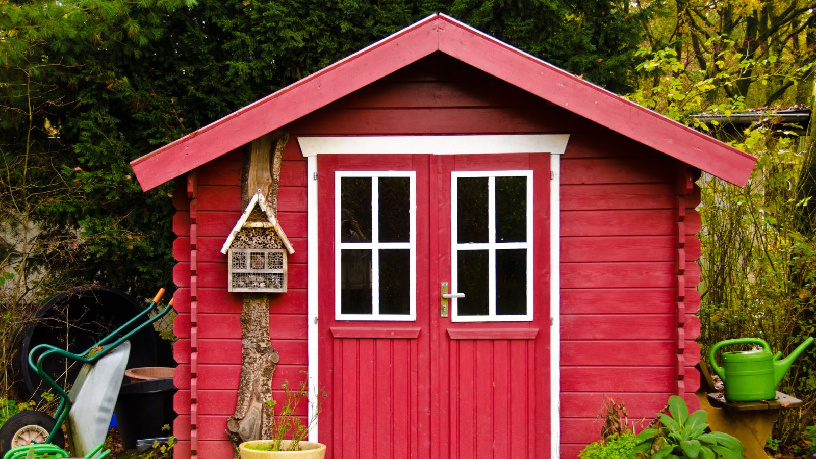A small red garden shed surrounded by green bushes and tress, and scattered garden tools.