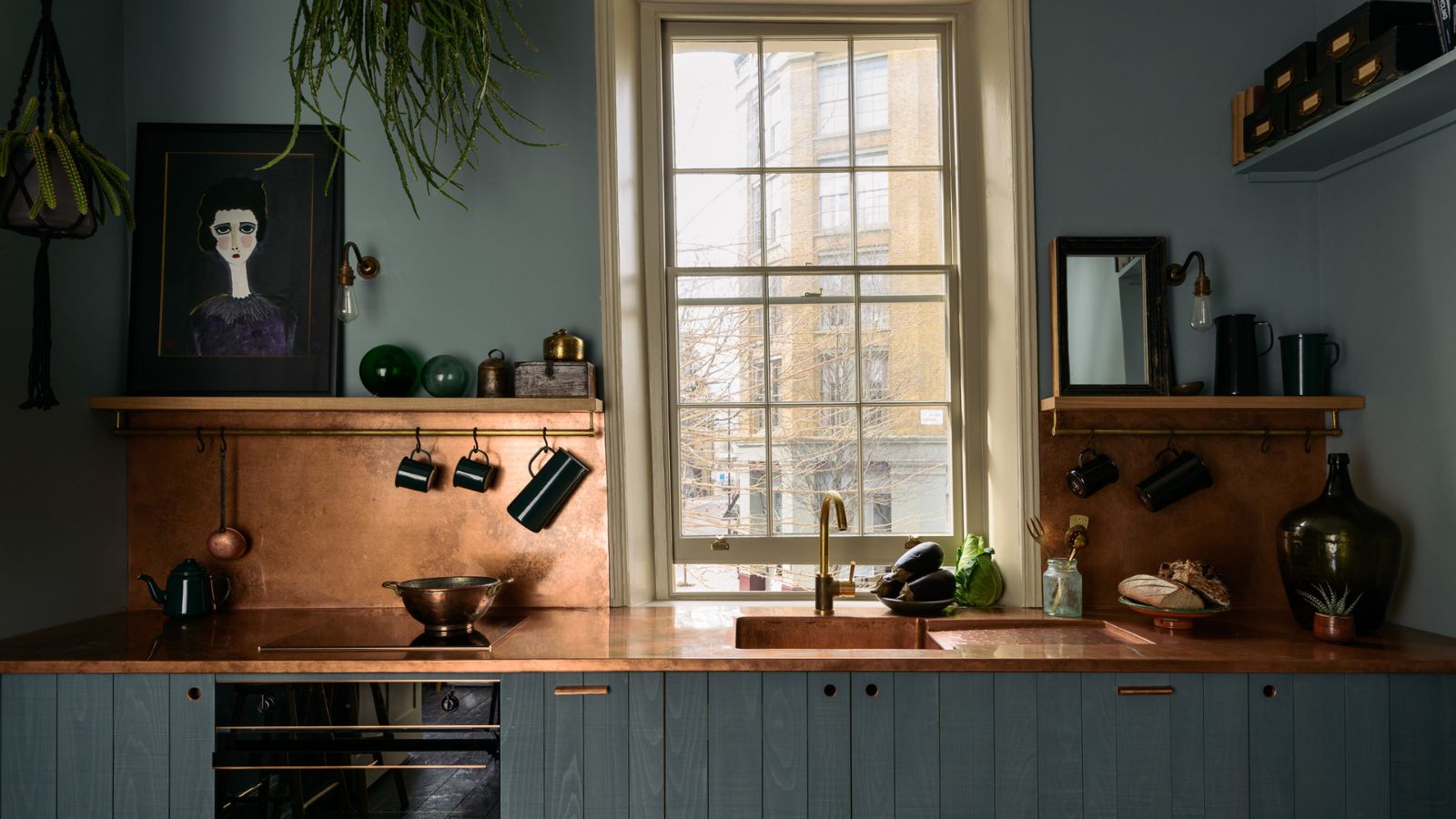 deVOL Kitchen with copper countertops and blue cabinets