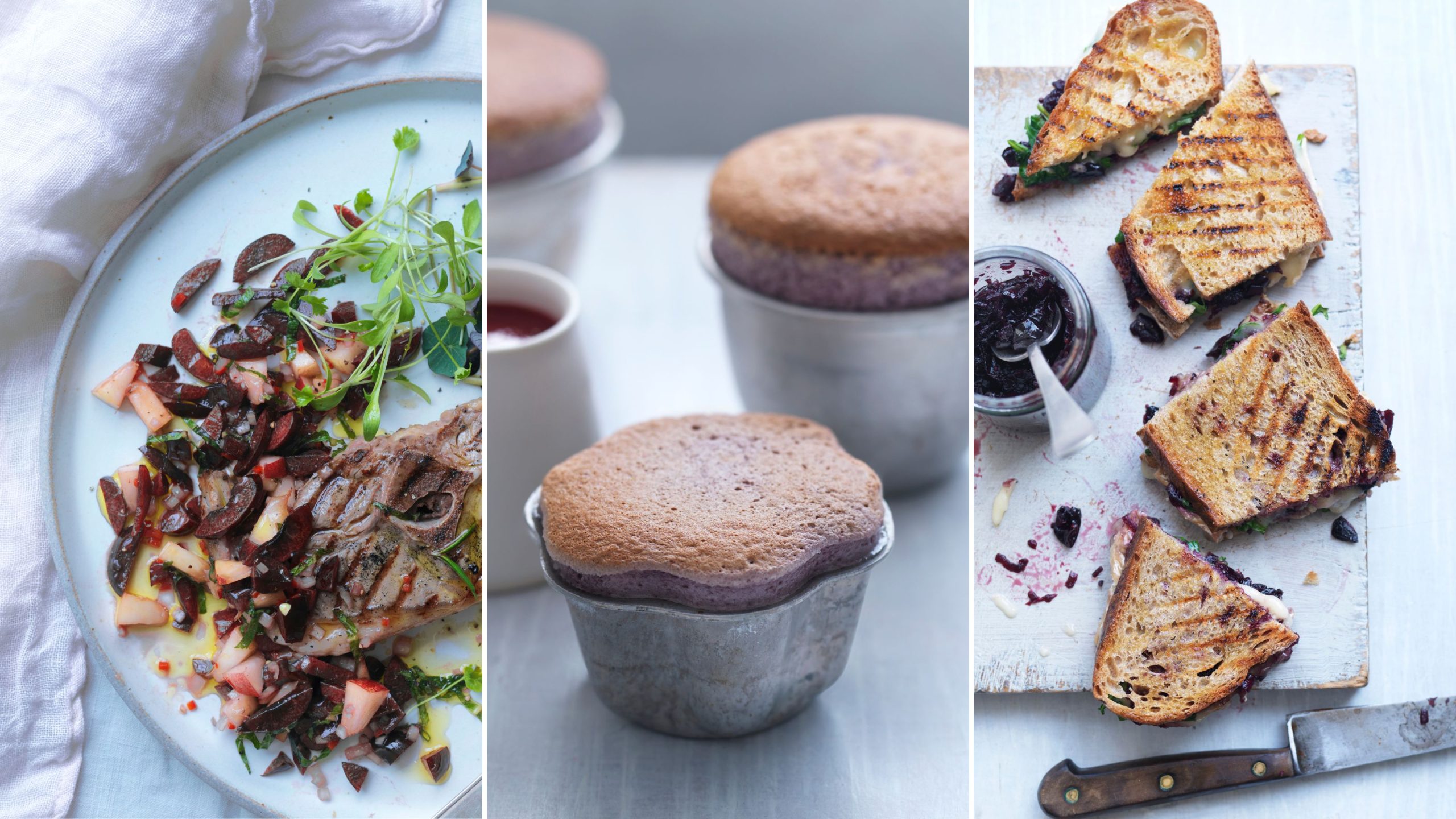three different images of cherry recipes, including a piece of fish with cherry salsa on the left, cherry souffles in the middle and cherry chutney toasties on the right