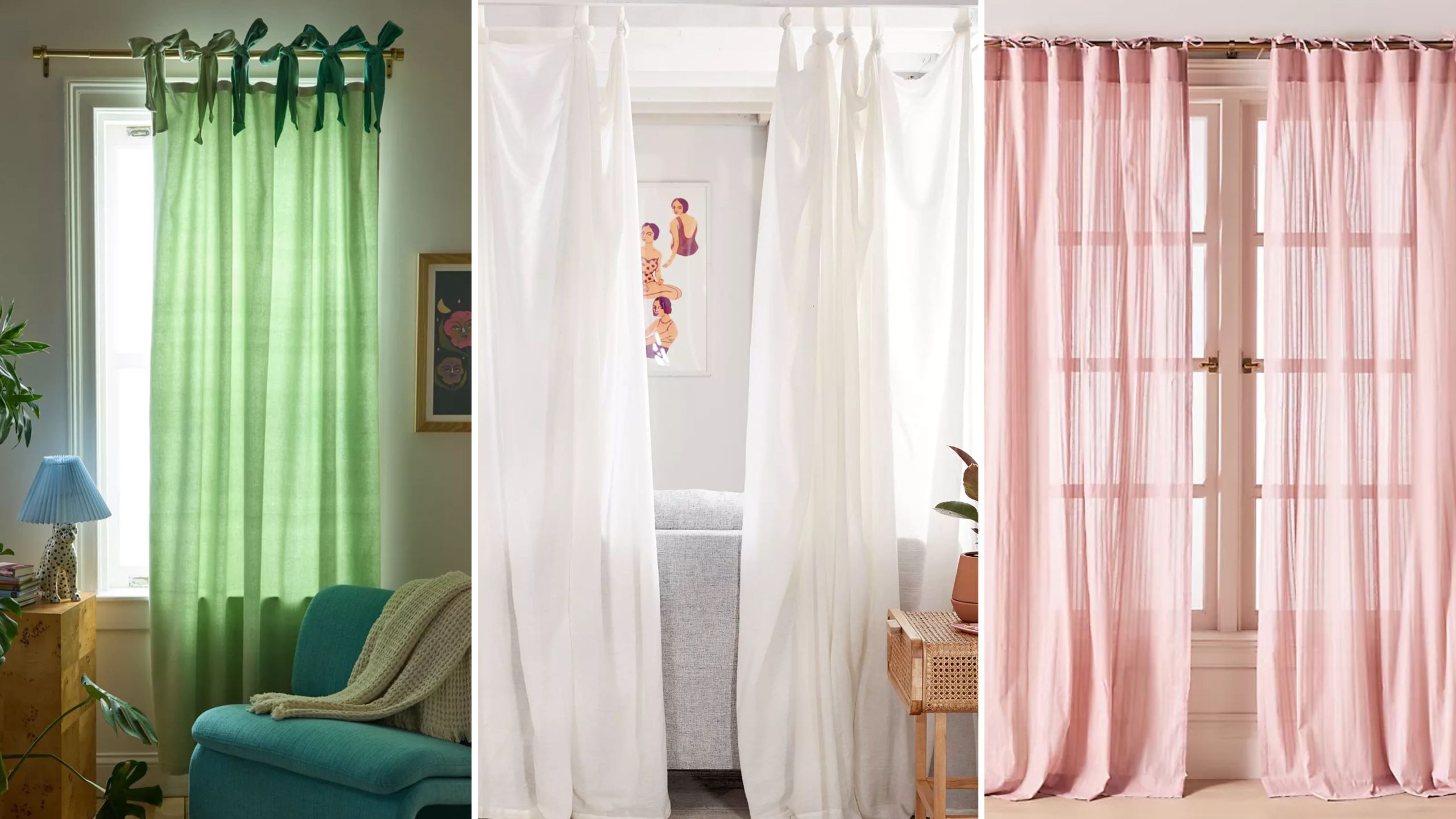 Side-by-side of three knotted curtain panels styled in various living rooms