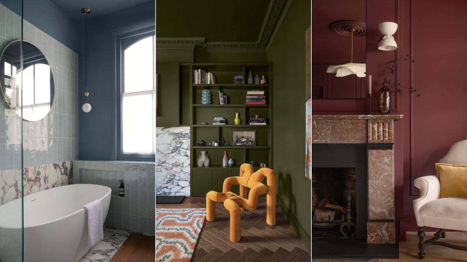Left image: a blue bathroom with white freestanding bath and a circular mirror above. Middle image: dark green living room with built in shelves and a statement yellow chair. Right image: dark red living room with a marble fireplace
