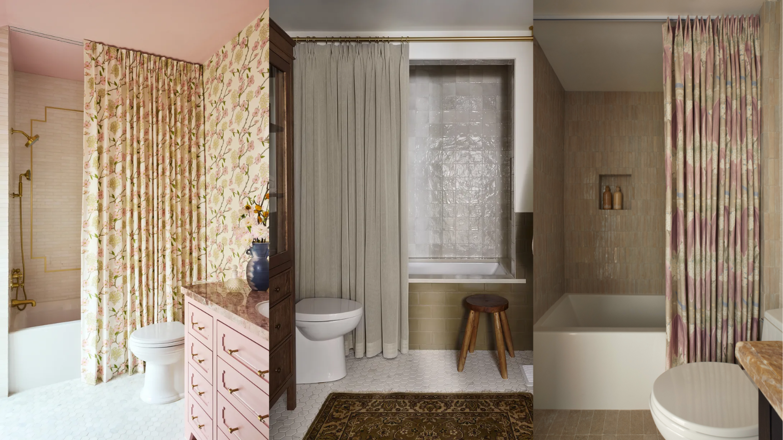 three images of bathrooms with tall shower curtains