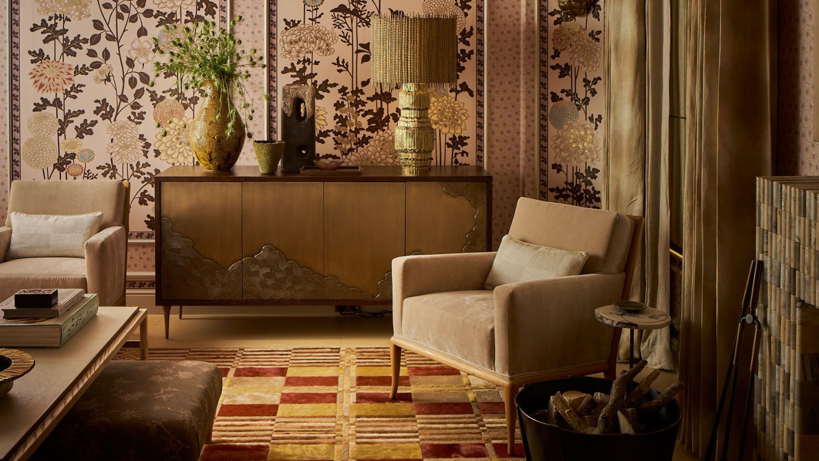 Ornate living room with tree inspired cream wallpaper with brown highlights from Fromental