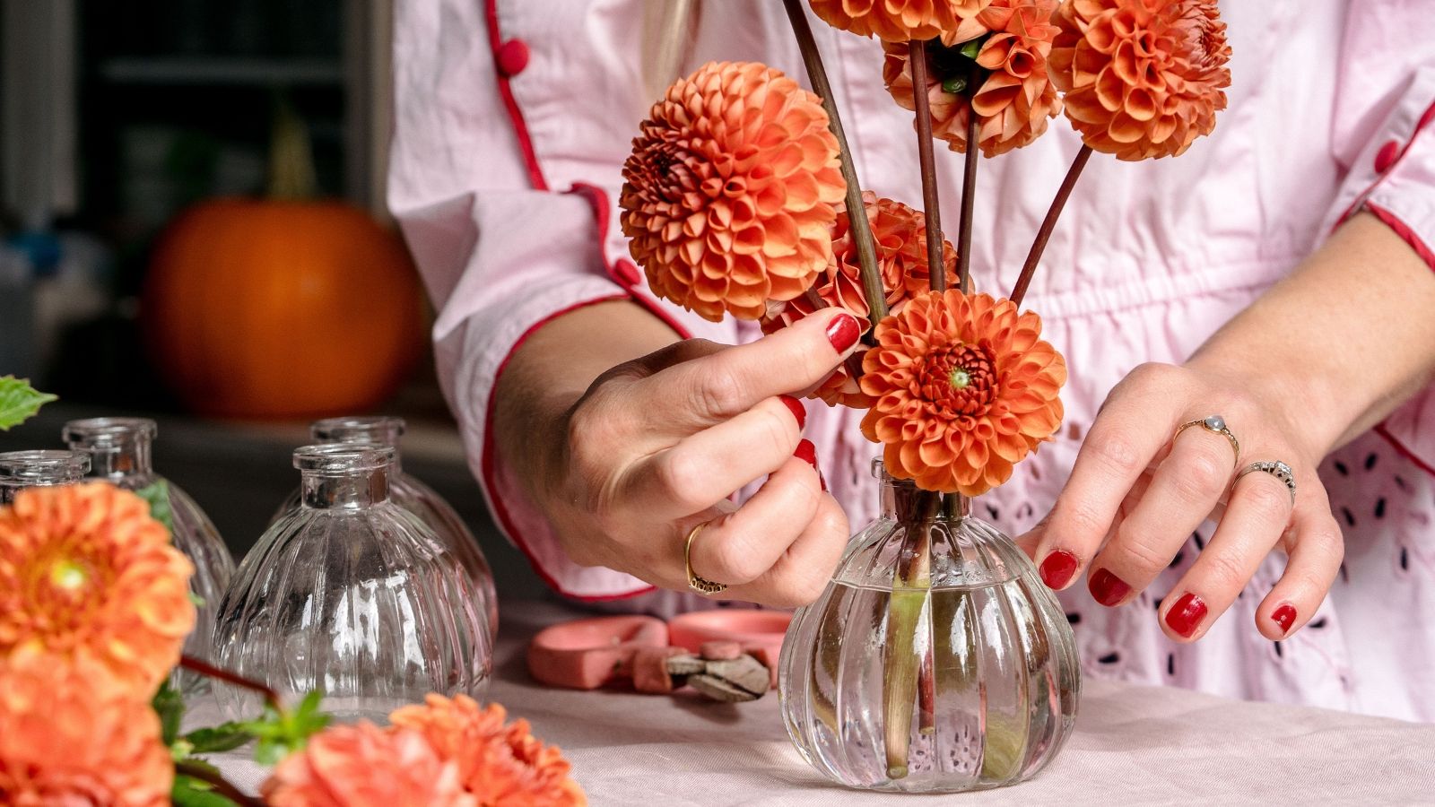 Hands placing orange ball dahlias into bud vase