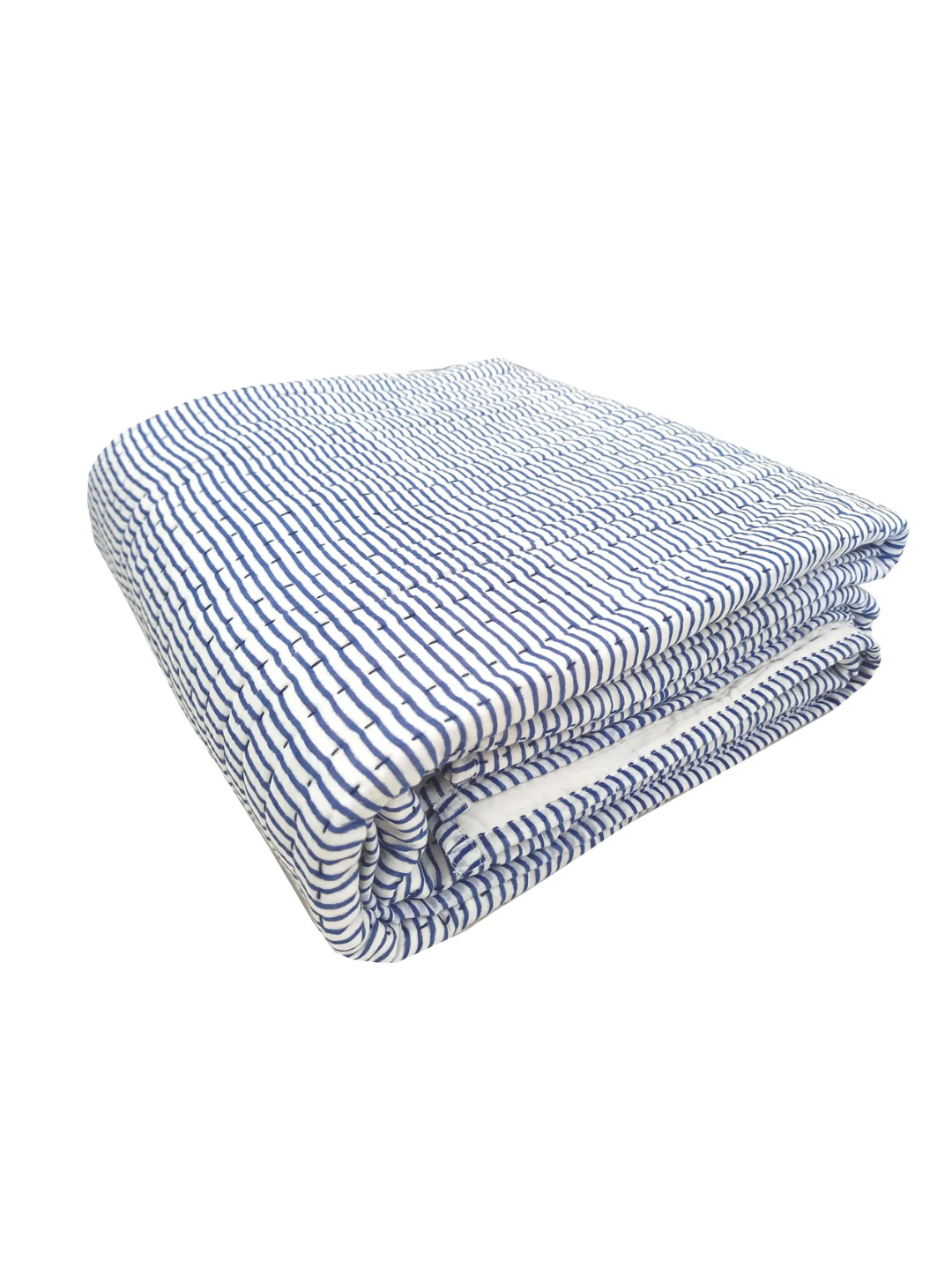 Wendbare Kantha-Steppdecke aus Baumwolle mit blauem Streifen-Blockdruck