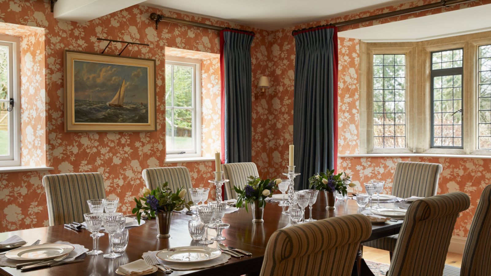 A wallpapered dining room