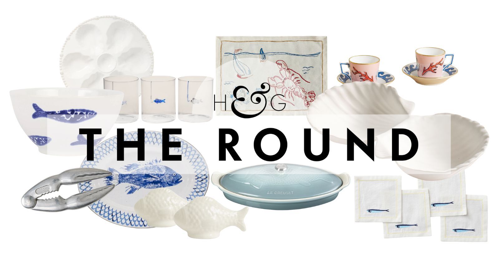 Selection of white and blue fish-themed tableware