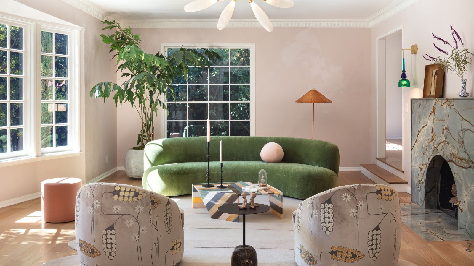 living room with green sofa