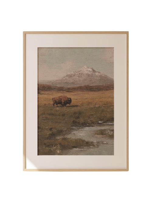 Einsamer Bison in einem Feld-Vintage-Ölgemälde