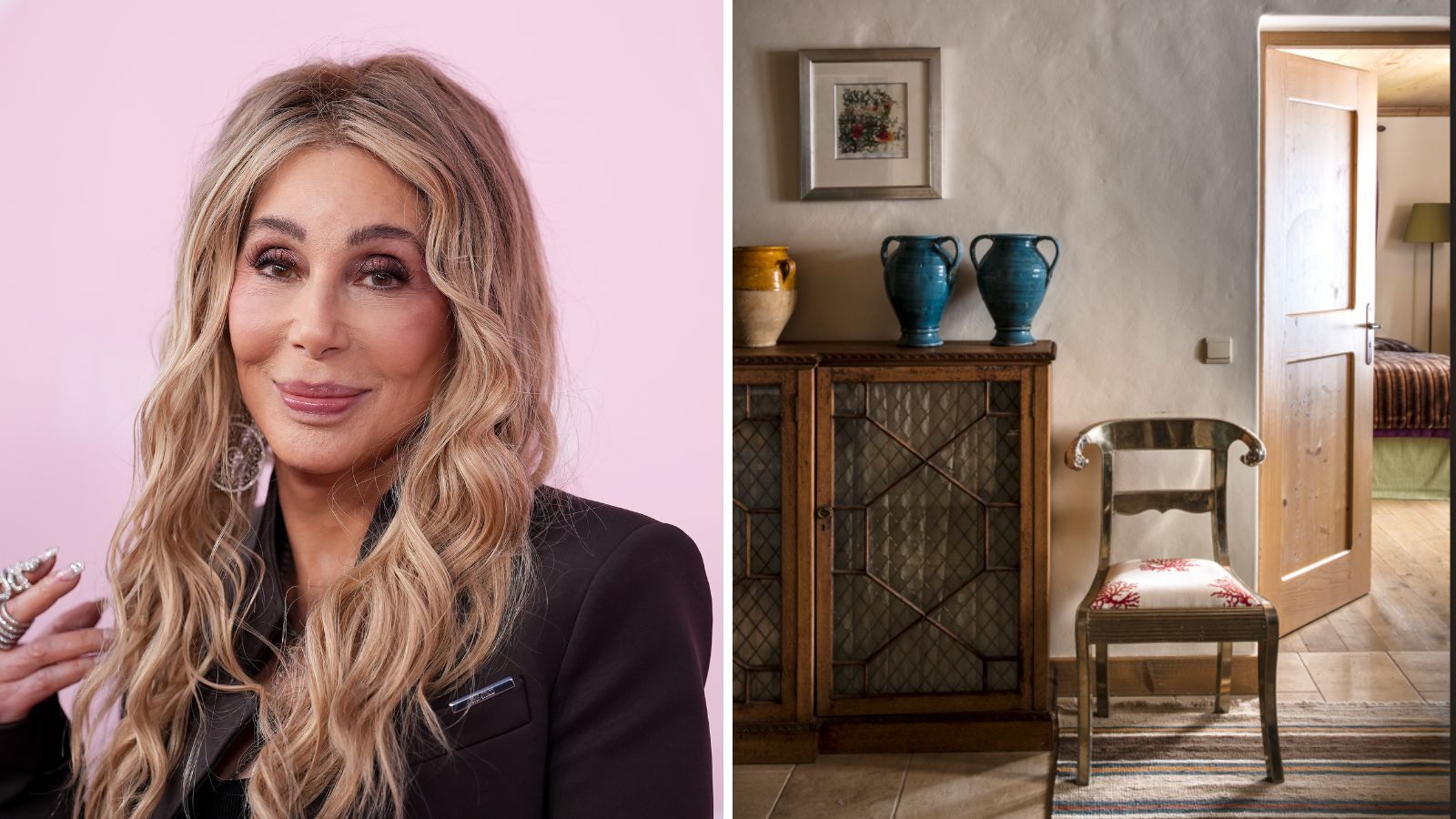 Cher / room with wooden cabinet with urn vases on top and a wooden chair