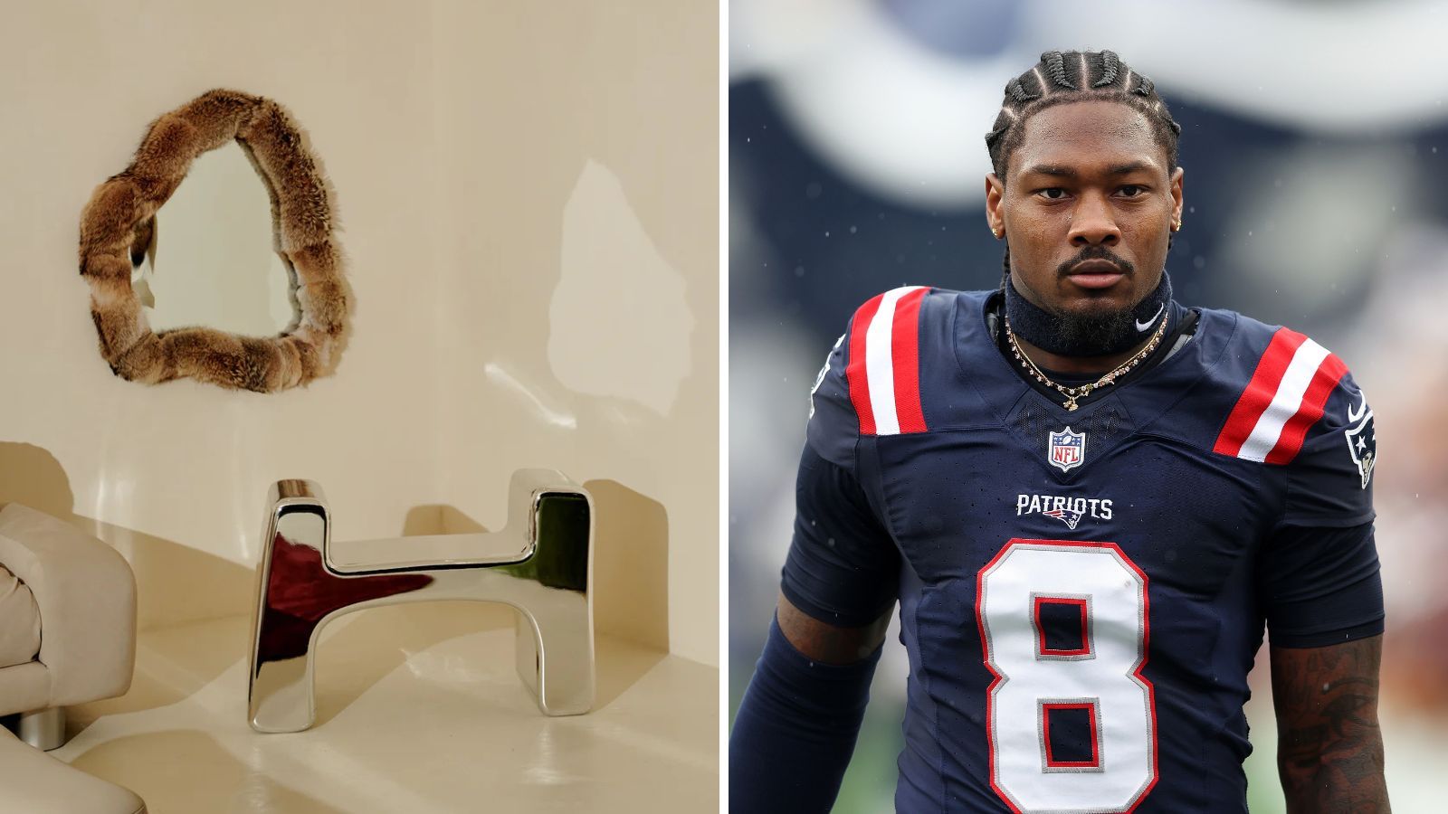 a splitscreen image with stefon diggs's new furniture line on the left featuring a furry mirror and h shared table and stefon diggs on the right in american football attire