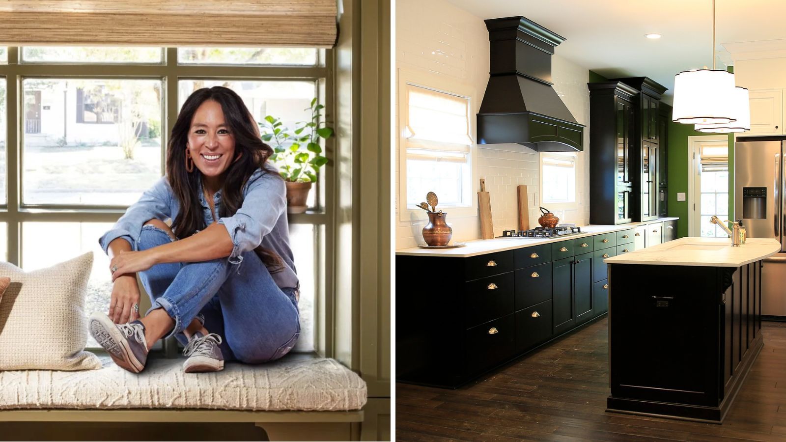 Joanna Gaines sitting in a window seat / dark green kitchen
