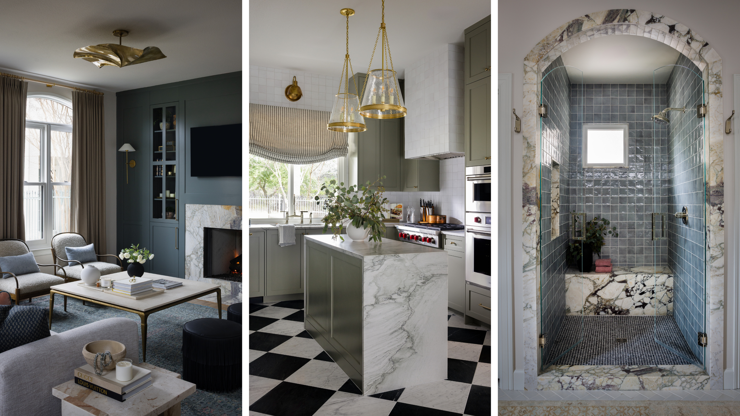 A three-panel collage showcasing luxury home interiors: a teal living room with a marble fireplace, a modern kitchen with a marble island and checkered floors, and a walk-in shower with sage green tiles and gold fixtures.
