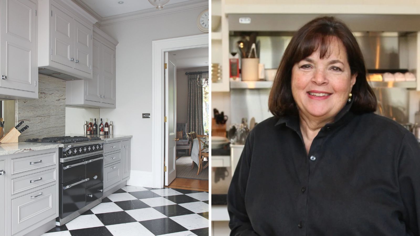White kitchen with range cooker and diamond tile floor, next to a shot of Ina Garten wearing a black shirt