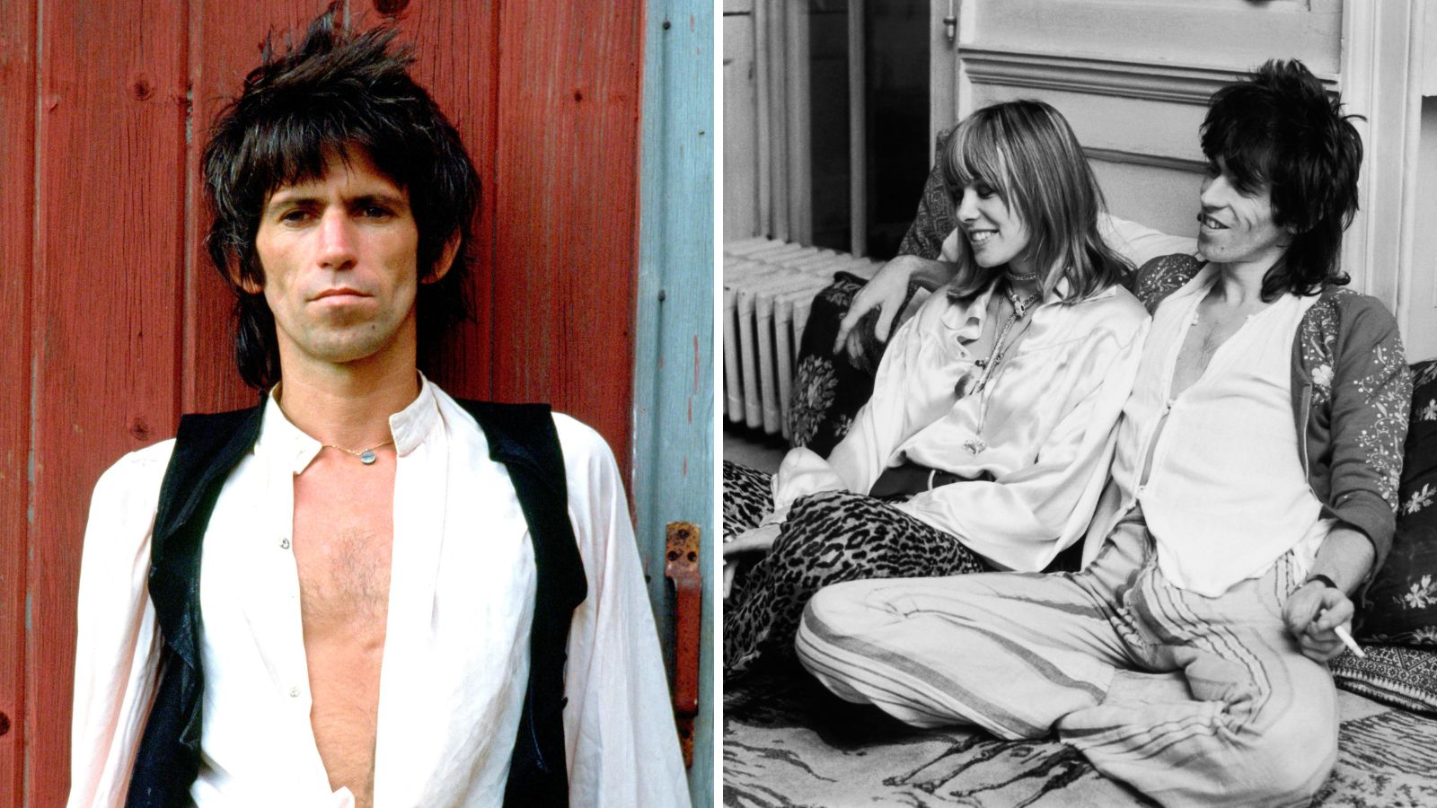 Ein Splitscreen-Bild mit Keith Richards auf der linken Seite und Keith und Anita Pallenberg in seinem Haus in Chelsea auf der rechten Seite