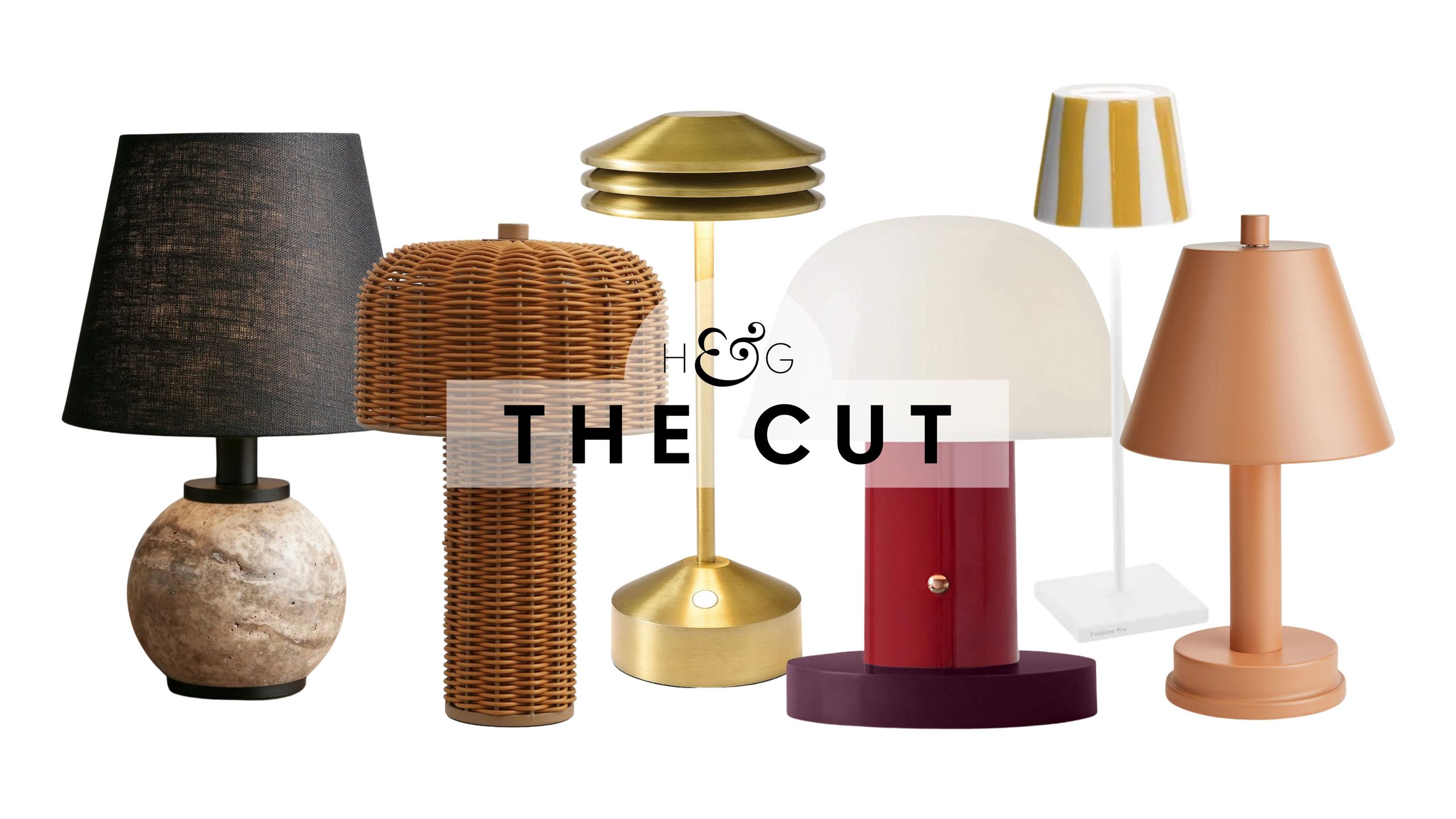 Collage of portable lamps – with styles including marble bases, all-over wicker, brass, color-blocking, and stripes – set against a white background