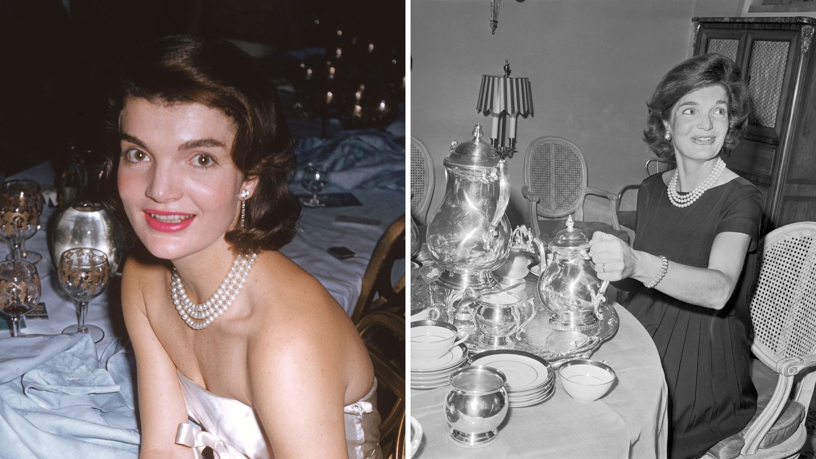 a split screen with jackie kennedy shot by slim aarons on the left and her tea service on the right
