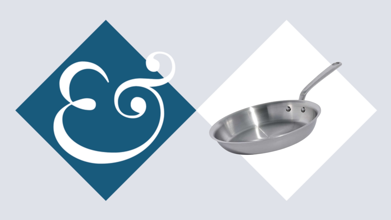 Eine Bratpfanne aus rostfreiem Stahl in einer weißen Raute, daneben eine dunkelblaue Raute mit einem '&' darin. 