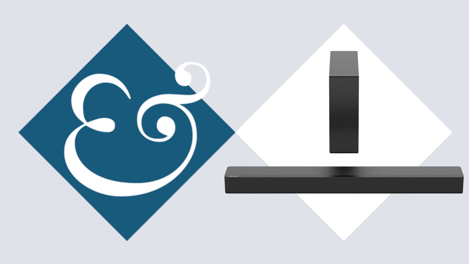 Hisense HS2100 Soundbar und Subwoofer auf Fliesenhintergrund neben Homes & Gärten '&' Symbol.