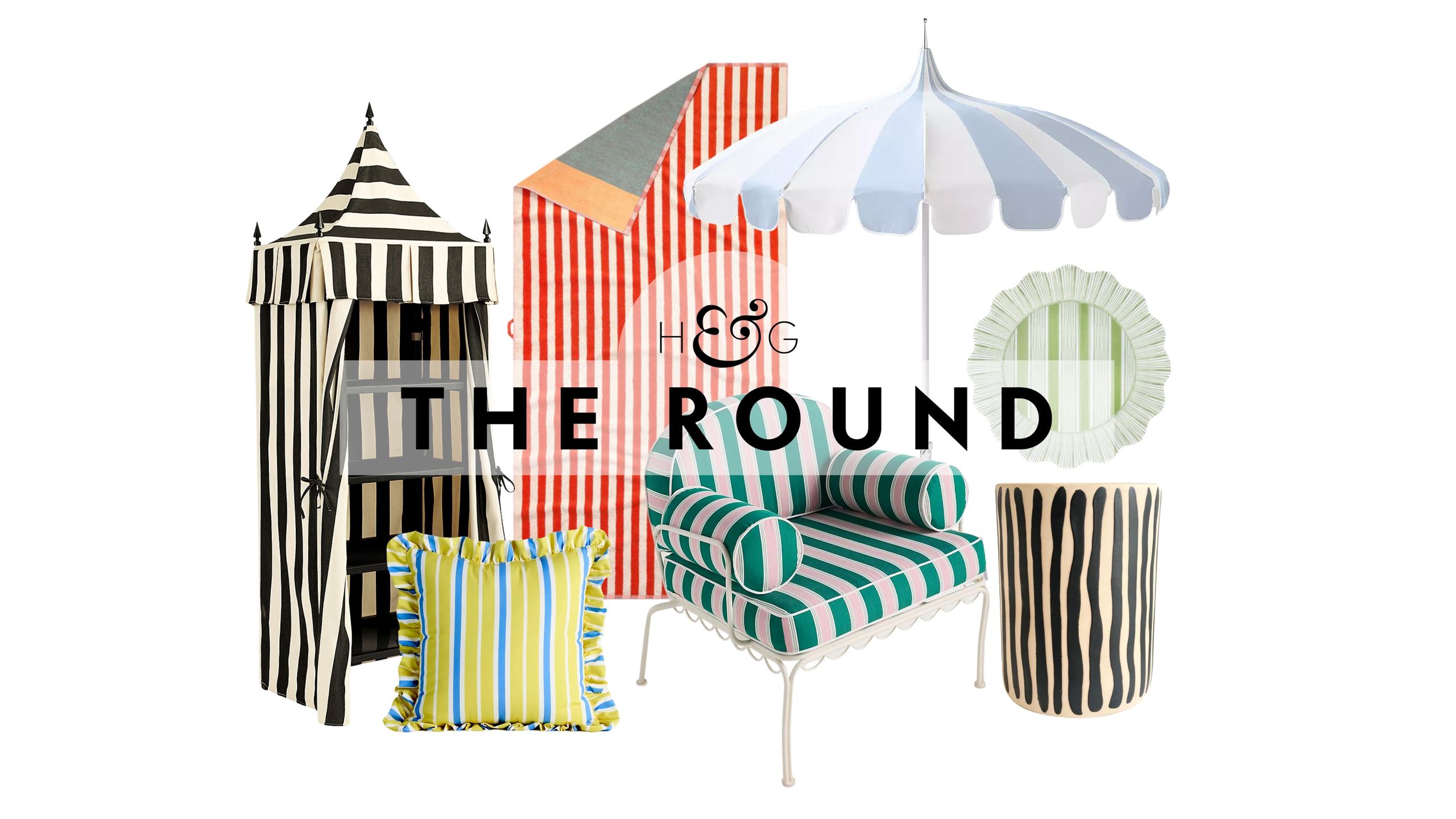 Striped outdoor decor – including a towel cabana, ruffle-border throw pillow, beach towel, scallop-edged iron chair, pagoda umbrella, irregular side table, and petal-shaped dinner plate –pictured against a white background