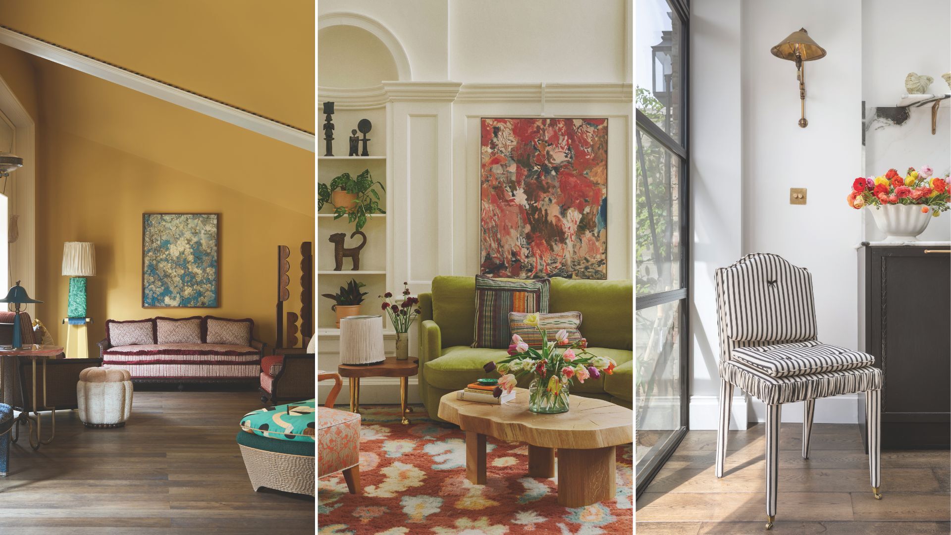 Ein Trio von Bildern, jedes ein kleiner Ausschnitt eines Wohnzimmers. 