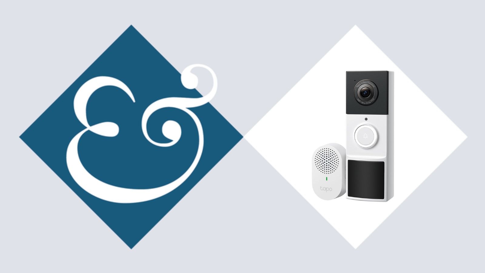 Tapo D210 Video-Türklingel auf Fliesenhintergrund neben Häusern und Häusern Gärten '&' Logo.