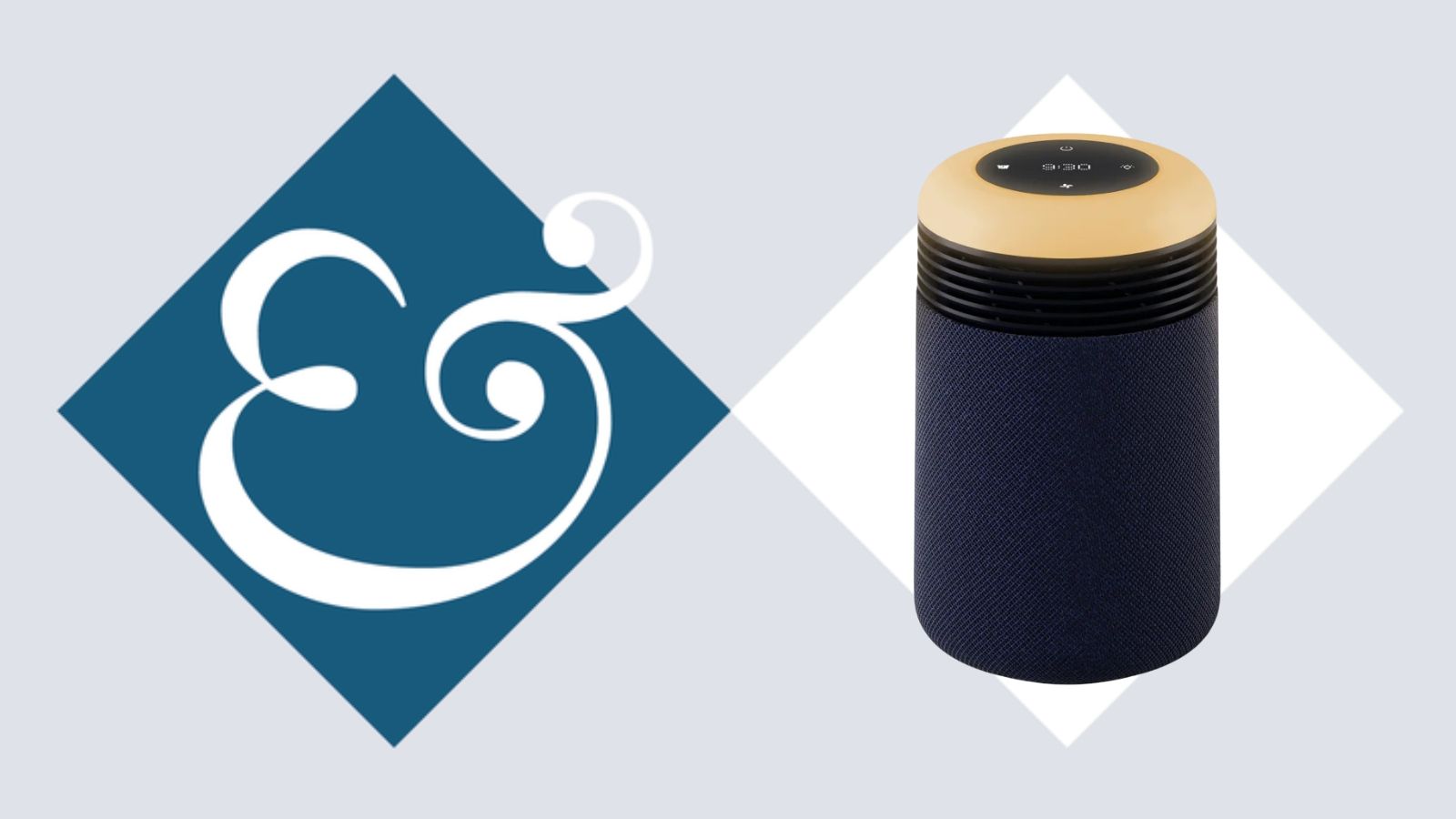 Blueair Mini Restful air purifier sunrise alarm clock on tile background next to Homes &amp; Gardens '&amp;' logo.