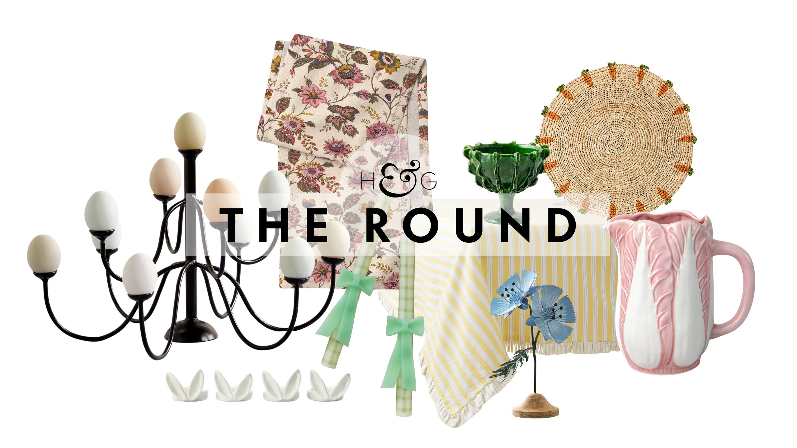 Easter table decor – including an iron egg candelabra, floral table runner, bunny ear napkin ring set, gingham-and-bow wax taper candles, lettuce-inspired footed bowl, yellow striped tablecloth, iron flower figurine, woven placemat, and pink ceramic pitcher – pictured against a white background