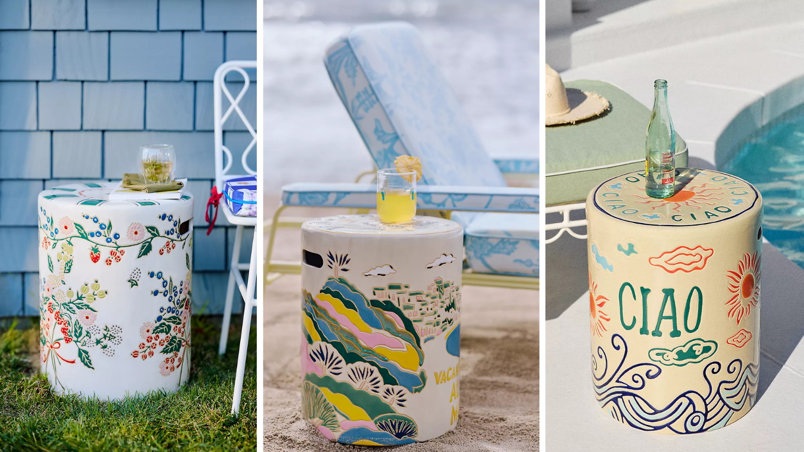 an assortment of three images of colorful ceramic outdoor side tables with decorative drawings on its sides