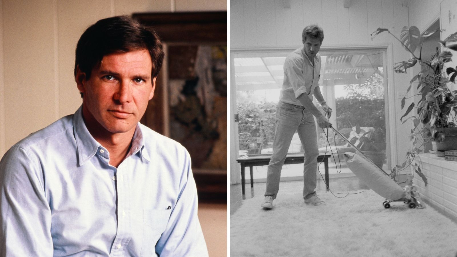 a splitscreen with harrison ford on the left and harrison ford in his living room on the right