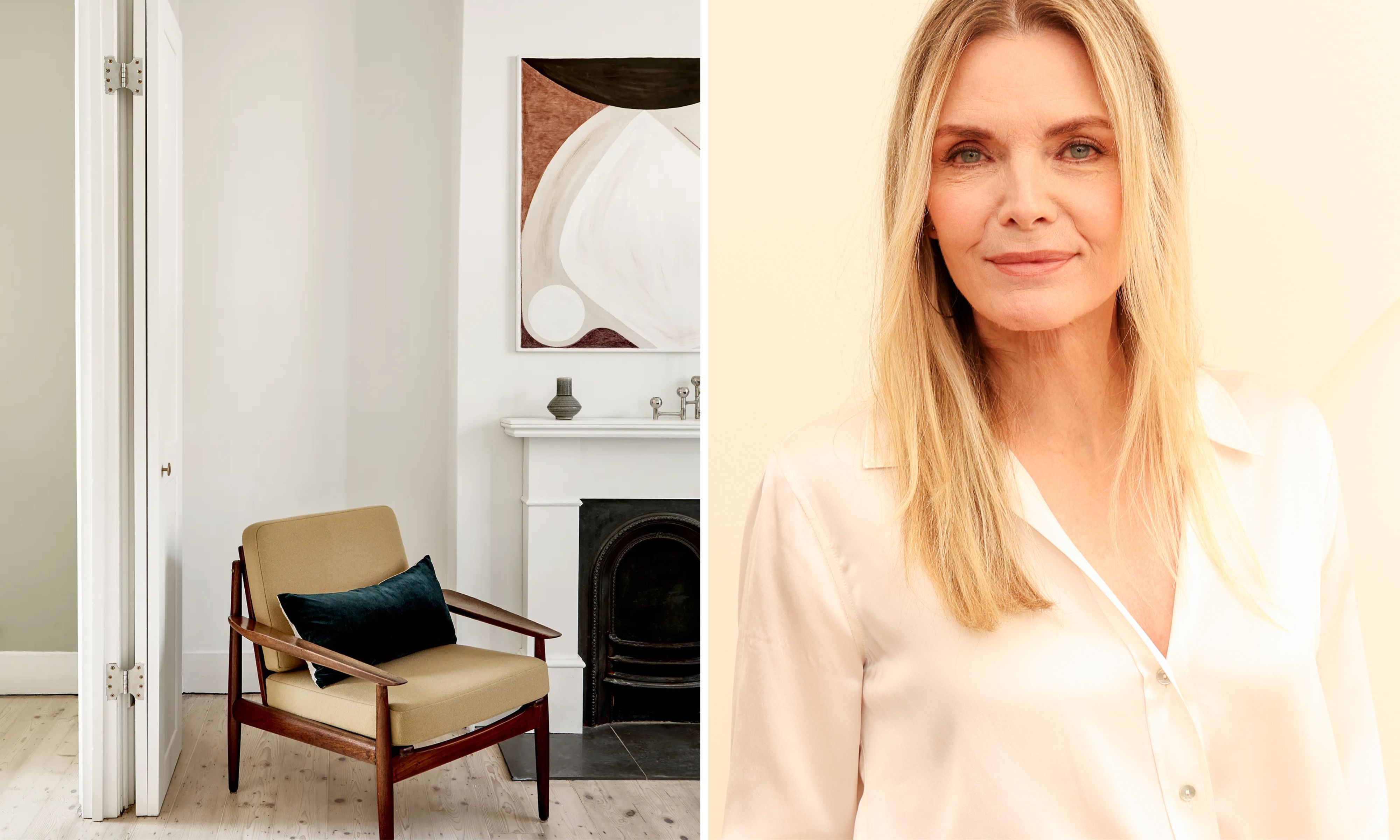 Ein geteiltes Bild zeigt links eine Innenarchitekturszene und rechts ein Porträt der Schauspielerin Michelle Pfeiffer. Die linke Seite präsentiert einen minimalistischen, lichtdurchfluteten Raum mit weißen Wänden, hellem Holzboden und einem klassischen weißen Kaminsims. Ein moderner Holzsessel aus der Mitte des Jahrhunderts mit senfgelben Kissen und einem dunkelblauen Samtkissen steht in der Nähe des Kamins, unter einem großen abstrakten Gemälde in erdigen Braun-, Braun- und Cremetönen. Rechts zeigt ein Nahaufnahmeporträt Pfeiffer mit blonden Haaren und sanftem Lächeln, gekleidet in ein weißes Satingewand vor einem weichen, unscharfen Hintergrund.