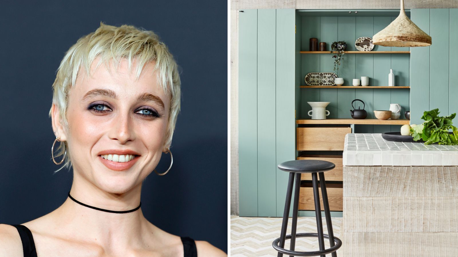 Emma Chamberlain / pale green kitchen with bar stool
