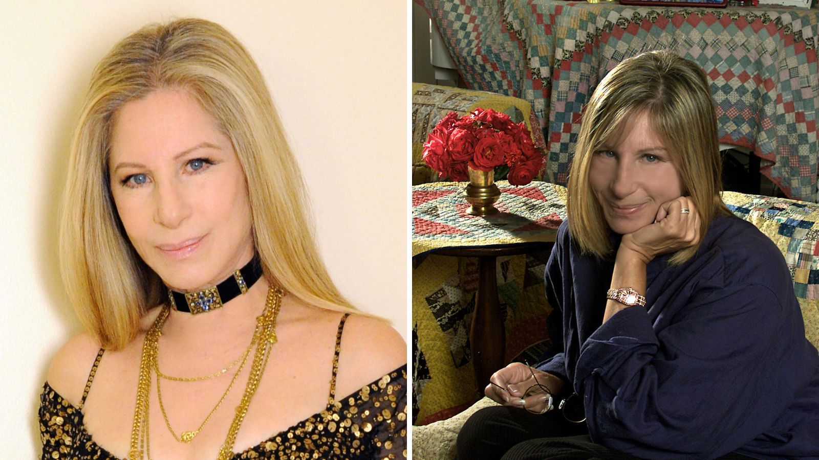 split screen with barbra streisand on the left and in her living room on the right