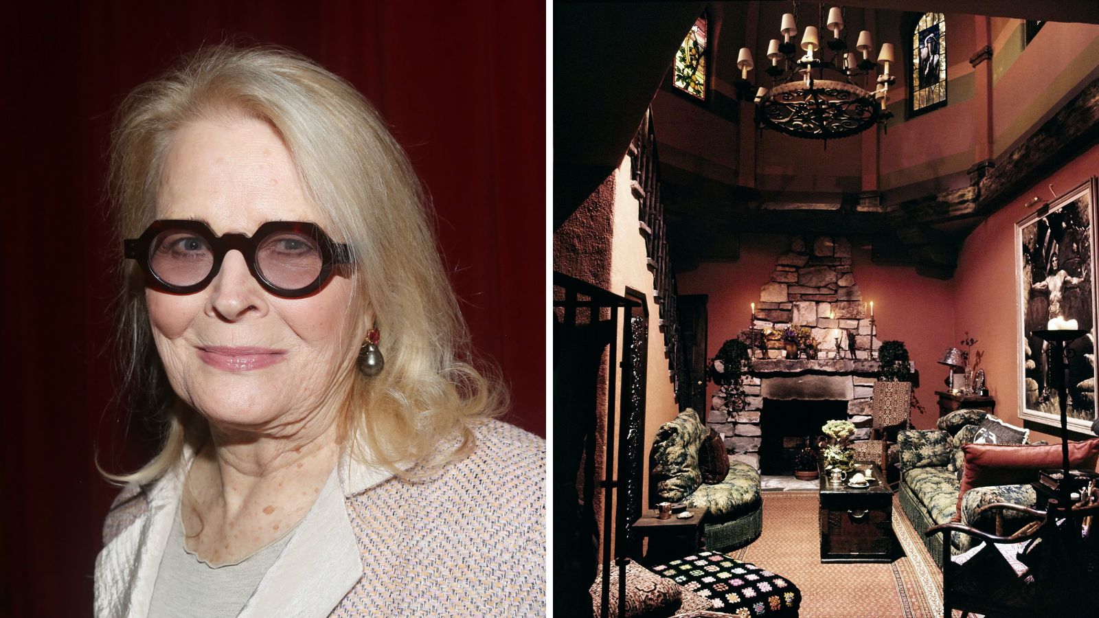 Ein geteilter Bildschirm mit Candice Bergen auf der linken Seite und ihrem Zuhause in den 70er-Jahren auf der rechten Seite