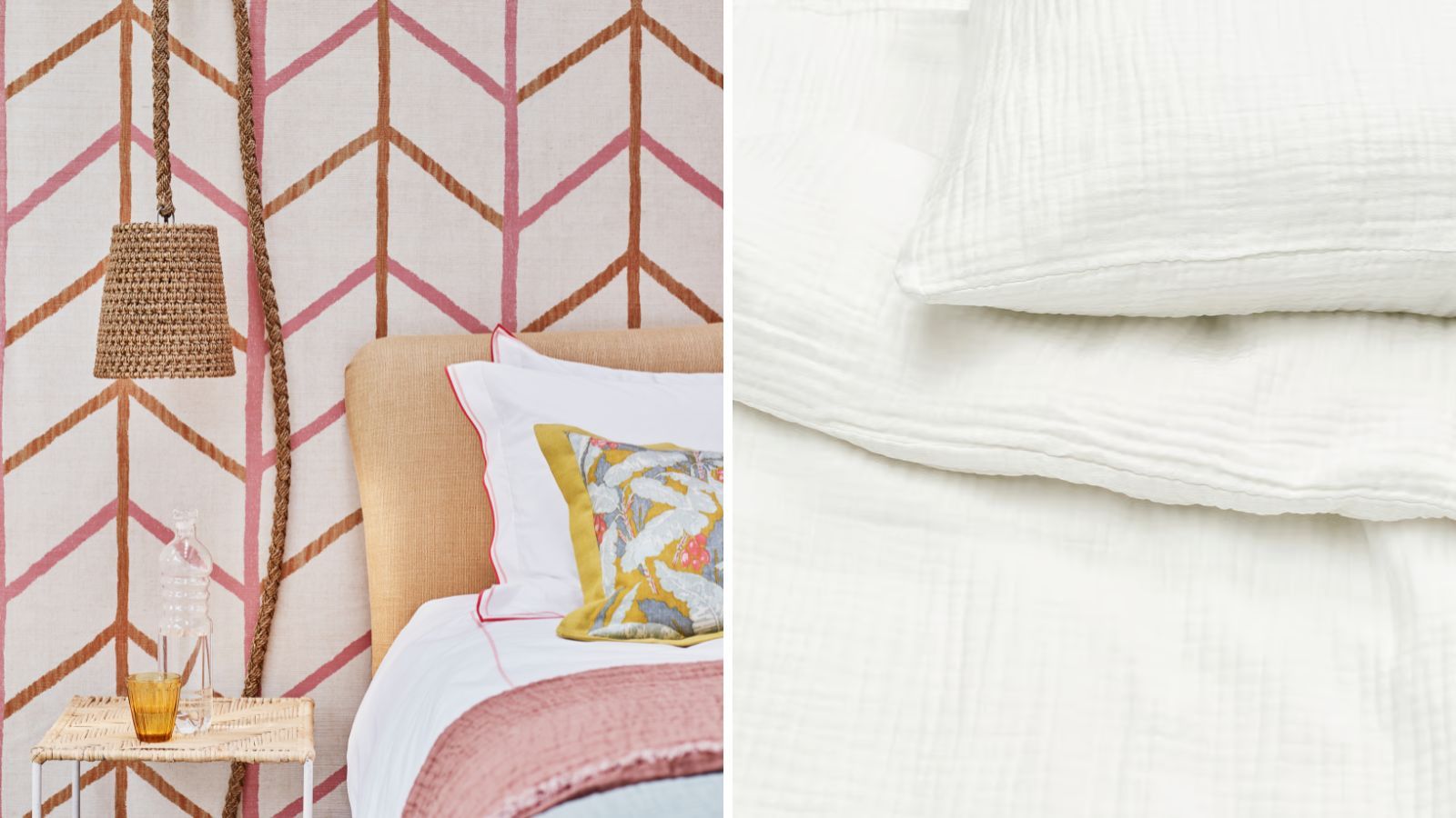 A split image header of a pink bedroom with geometric wallpaper, peach bed with white bedding and rattan hanging lamp, and the white IKEA Schersmin bedding