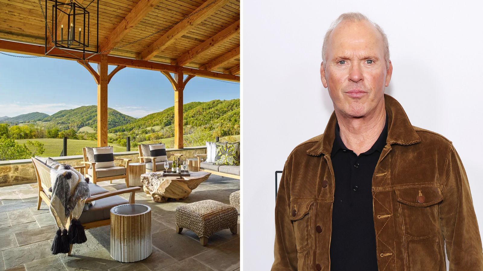 Ein geteilter Bildschirm mit einer Holzterrasse auf der linken Seite und einem Bild von Michael Keaton auf weißem Hintergrund auf der rechten Seite