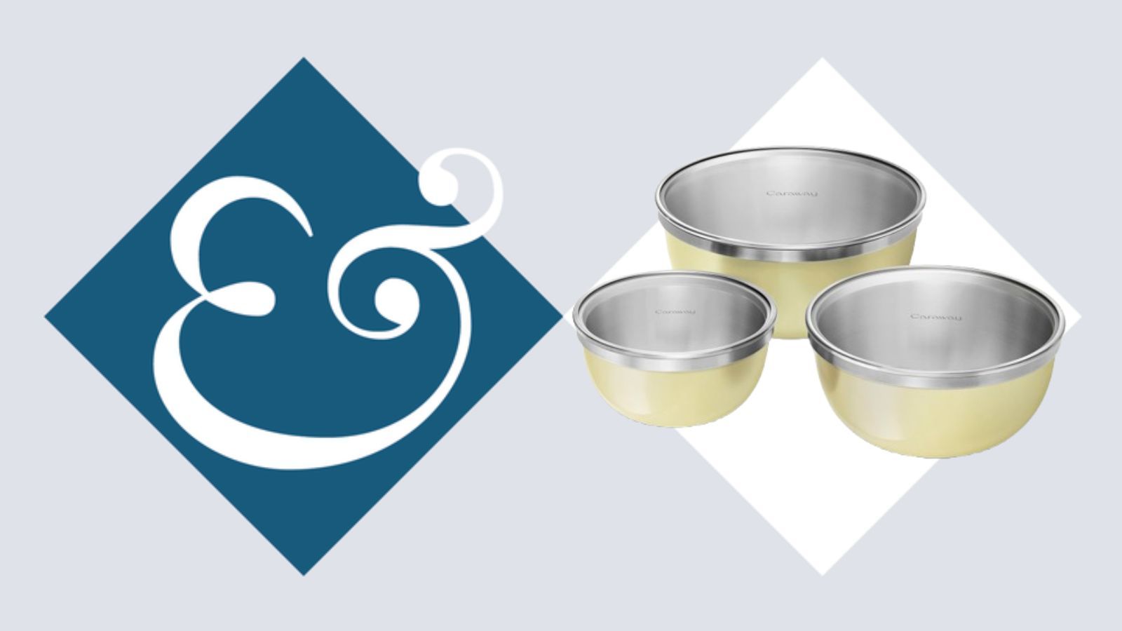 A set of three stainless steel mixing bowls with yellow exteriors, with glass lids on top. Each one smaller than the last in a white diamond. Next to a dark blue diamond with an &amp; inside